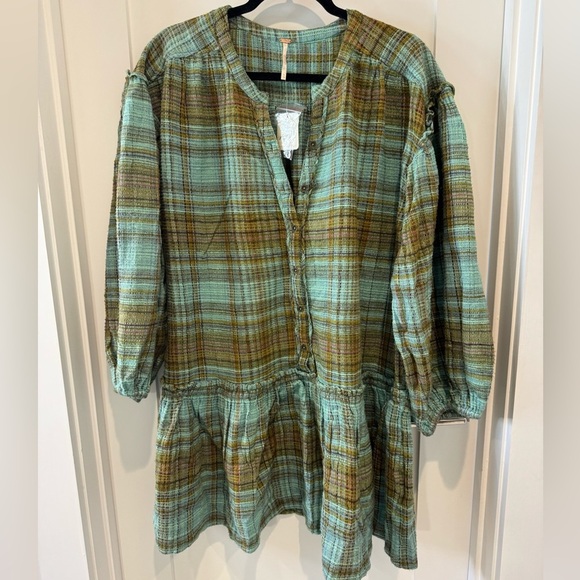 Free people Alexa Plaid Mini Dress XL Green and Brown bohemian boho NEW - Picture 7 of 11
